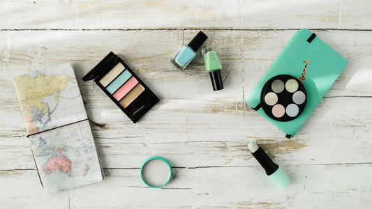 Flat lay of global travel map and makeup cosmetics requiring UK and EU safety compliance assessment