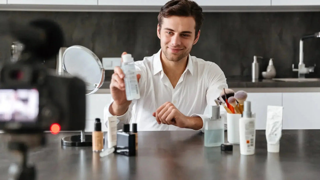 Content creator filming a cosmetic and skincare product review video featuring compliant beauty products