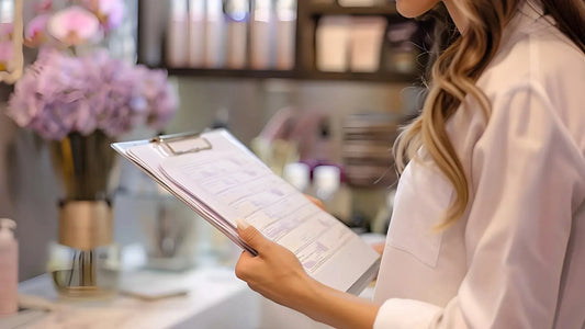Cosmetic professional reviewing a product compliance checklist in a beauty laboratory environment.