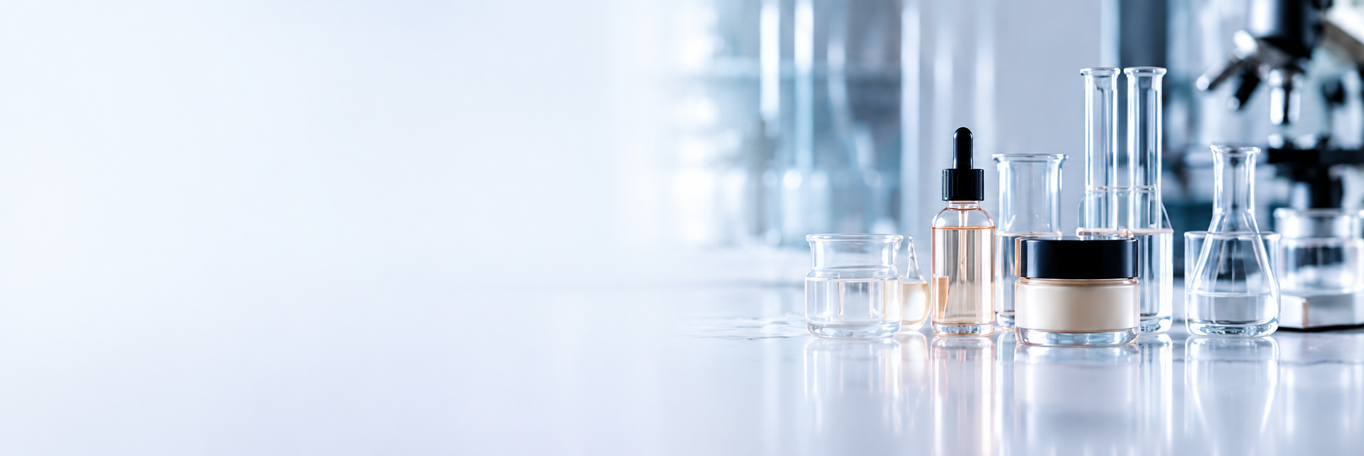 Cosmetic laboratory with beakers and skincare products