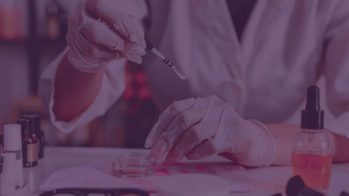 Cosmetic laboratory with beakers and skincare products